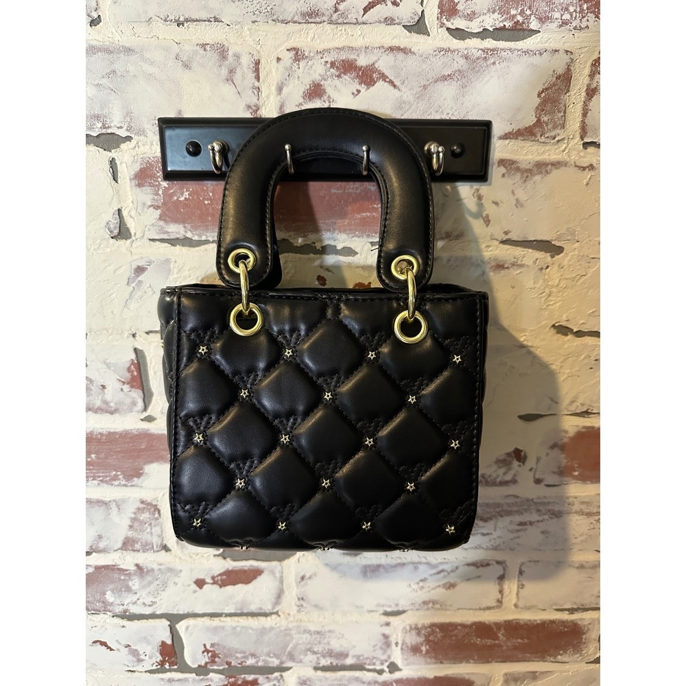 Black Quilted Mini Handbag Gold Star Studded Top Handle Bag with‎ Pearl Charm
